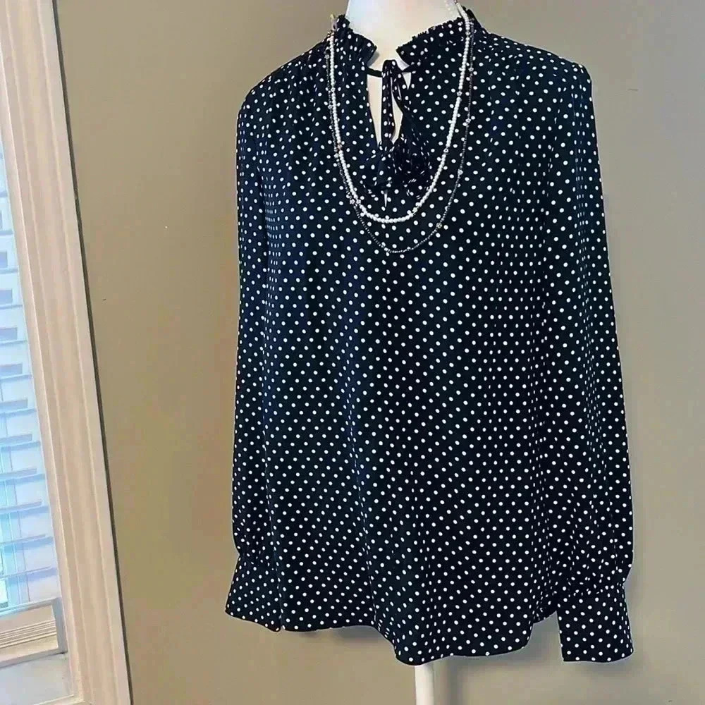 [S]Kate  Spade Dark Navy Blue Polka Dot LS Blouse